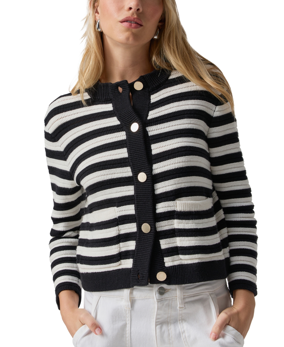 Women's Striped Sweater Jacket - CHALK AND BLACK STRIPE
