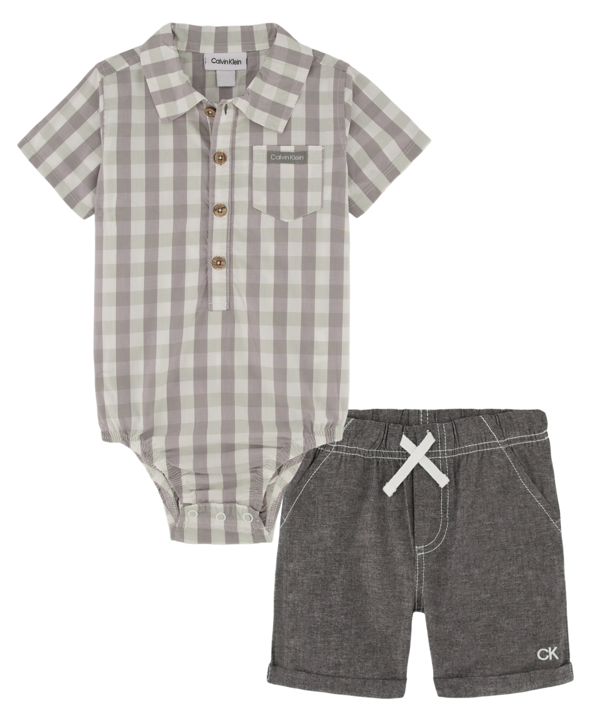 Shop Calvin Klein Baby Boys Woven Check Short Sleeve Poplin Bodysuit And Chambray Shorts, 2 Piece Set In Gray