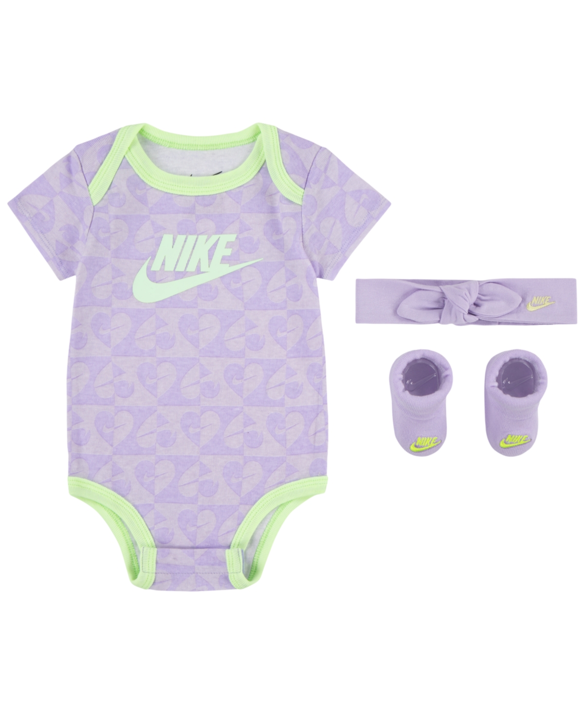 Shop Nike Baby Girls Printed Bodysuit With Booties And Headband Set In Lilac Bloom
