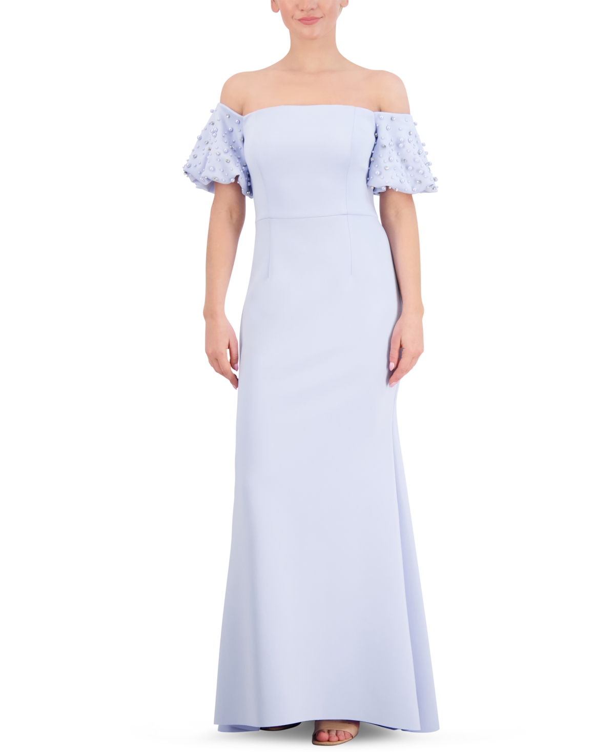 Shop Eliza J Petite Off-the-shoulder Beaded Puff-sleeve Gown In Periwinkle