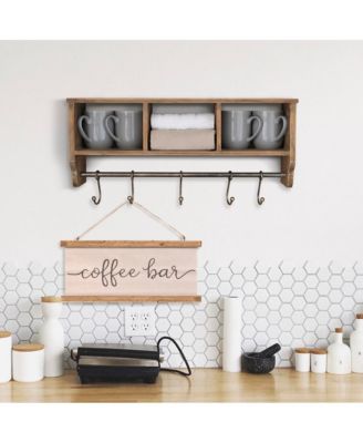 Rustic Coat Rack Wall Mounted Shelf With Hooks & Baskets, Entryway Organizer Wall Shelf With 5 Coat Hooks And Cubbies