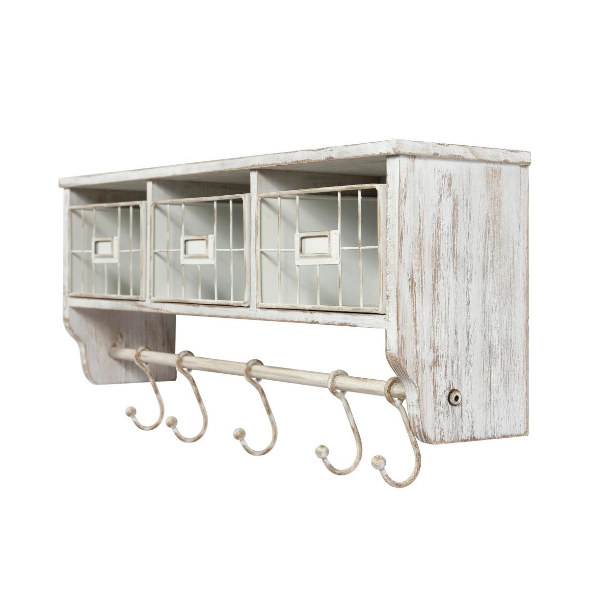 Rustic Coat Rack Wall Mounted Shelf With Hooks & Baskets, Entryway Organizer Wall Shelf With 5 Coat Hooks And Cubbies