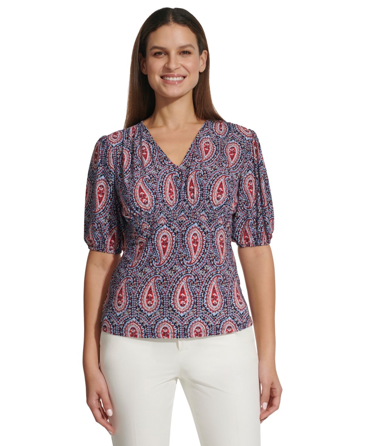 Shop Tommy Hilfiger Women's Smocked Paisley-print Top In Midnight,risk Red