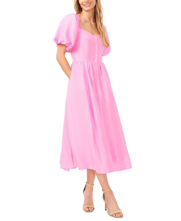 ROSCHICO Women's Square Neck Midi Dress - Plus Size Puff Sleeve Button Down Sundress
