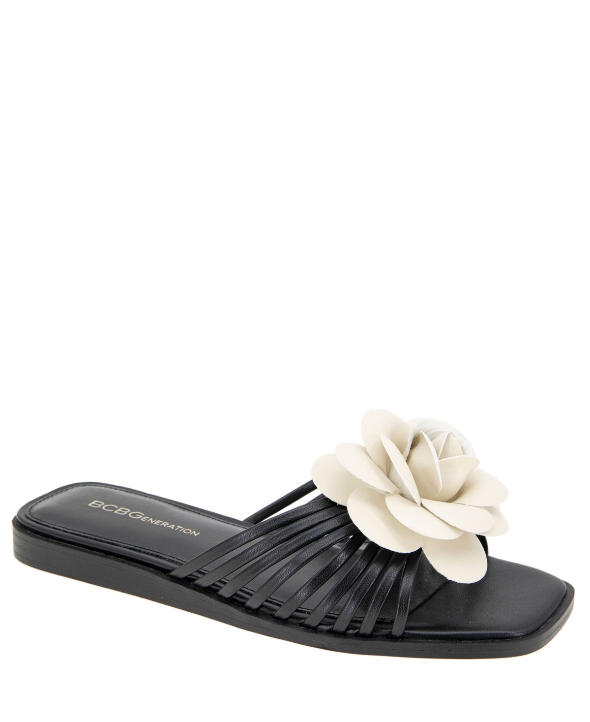Shop Bcbgeneration Women's Masha Flower Slip-on Flat Sandals In Black,bianca