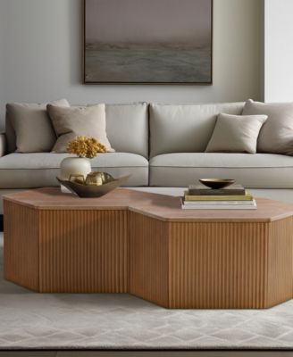 Honey 29.5" Solid Wood Frame Fluted Hexagon Coffee Table