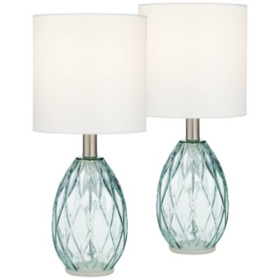 Modern Accent Table Lamps 14 3/4" High Set of 2 Diamond Blue Green Glass Fabric Drum Shade for Bedroom Bedside Office (Color May Vary)