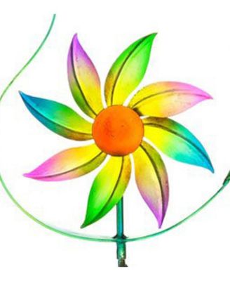 Cheerful Summer Days Wind spinner Garden Stake, Green/yellow/pink Bird, Short