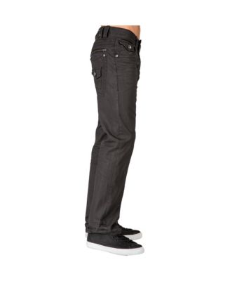 Men's Relaxed Straight Leg Premium Denim Jeans Black Coated Throwback Style Zipper Trim Pockets