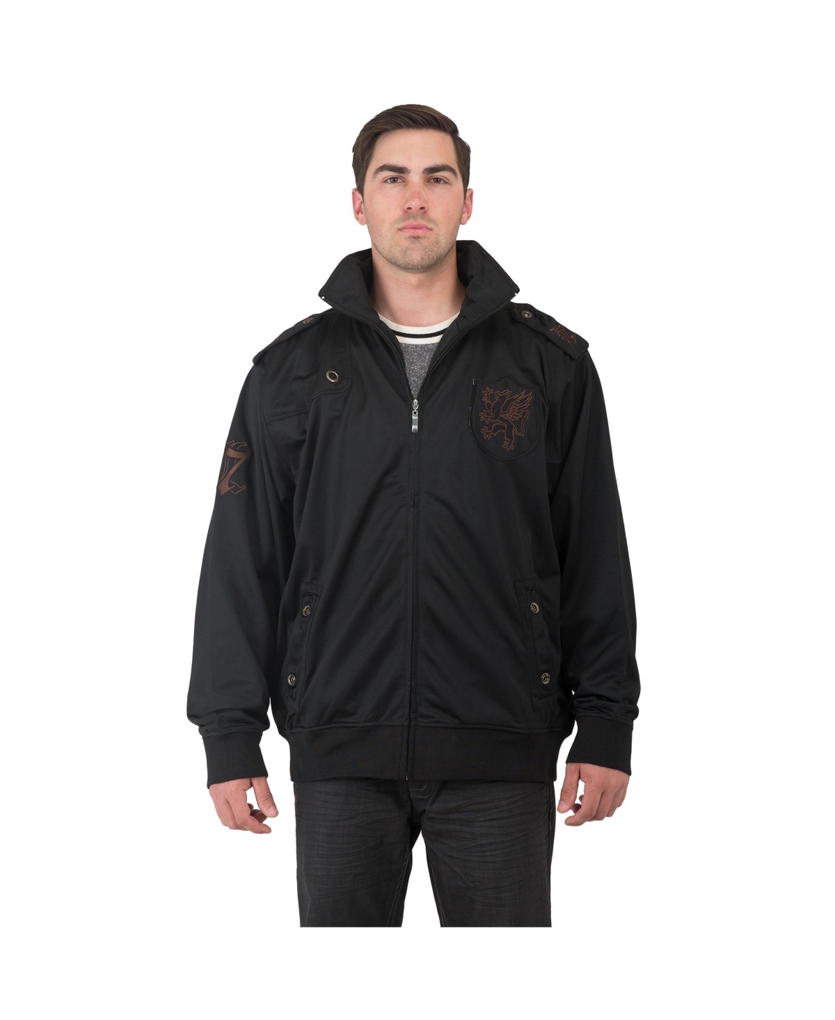 Men's Black Poly Brown Embroidery Patches Performance Track Jacket - Black