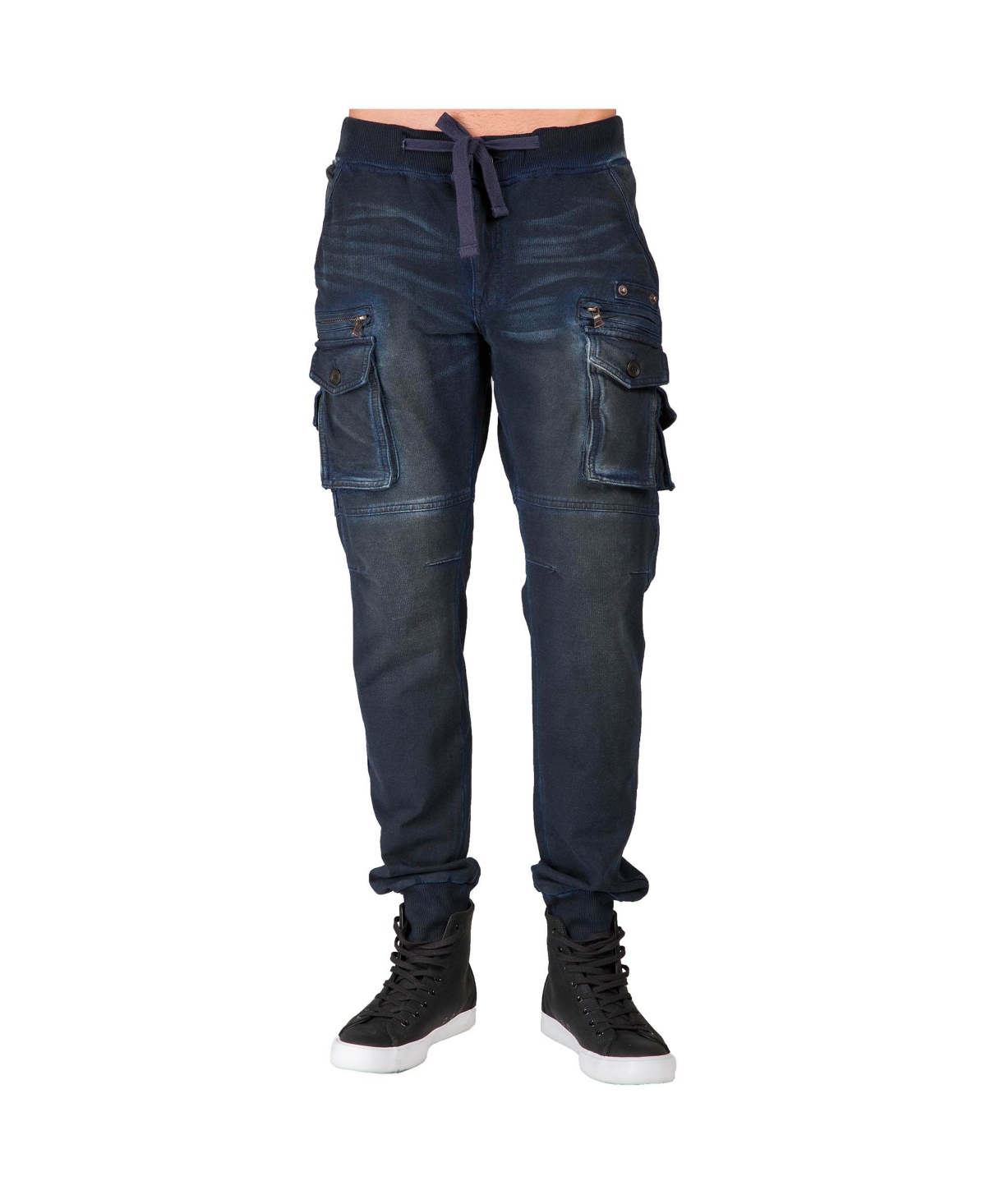 Men's Premium Knit Denim Jogger Jeans Indigo Vintage-like Cargo Zipper Pockets - Midnight blue