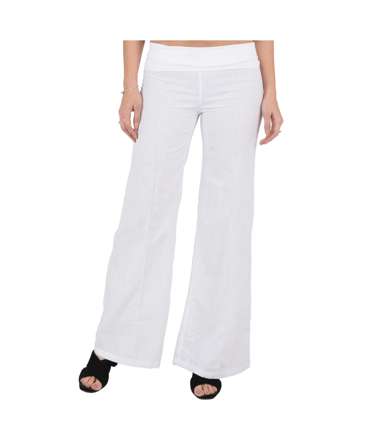 Women's Linen-Cotton Wide Leg Yoga Pants With Fold-over Elastic Waist - White