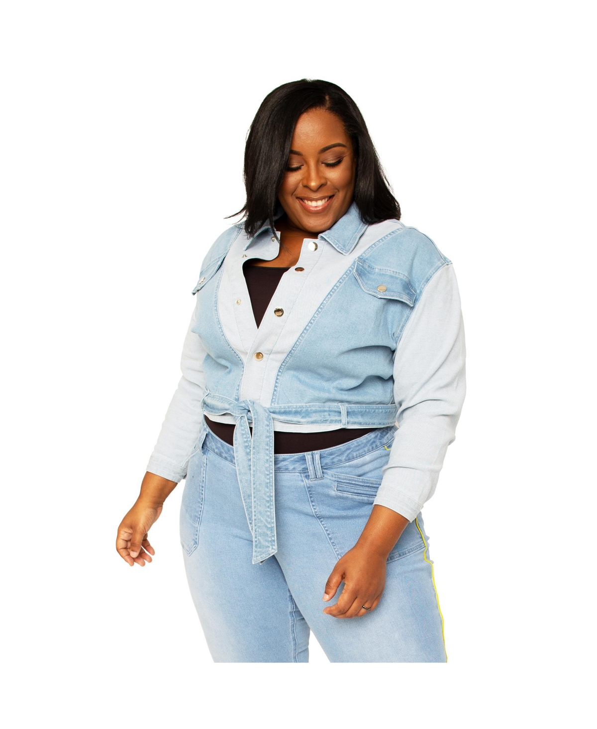 Women's Plus Size Curvy Fit Belted Dual Shade Denim Trucker Jacket - Light blue