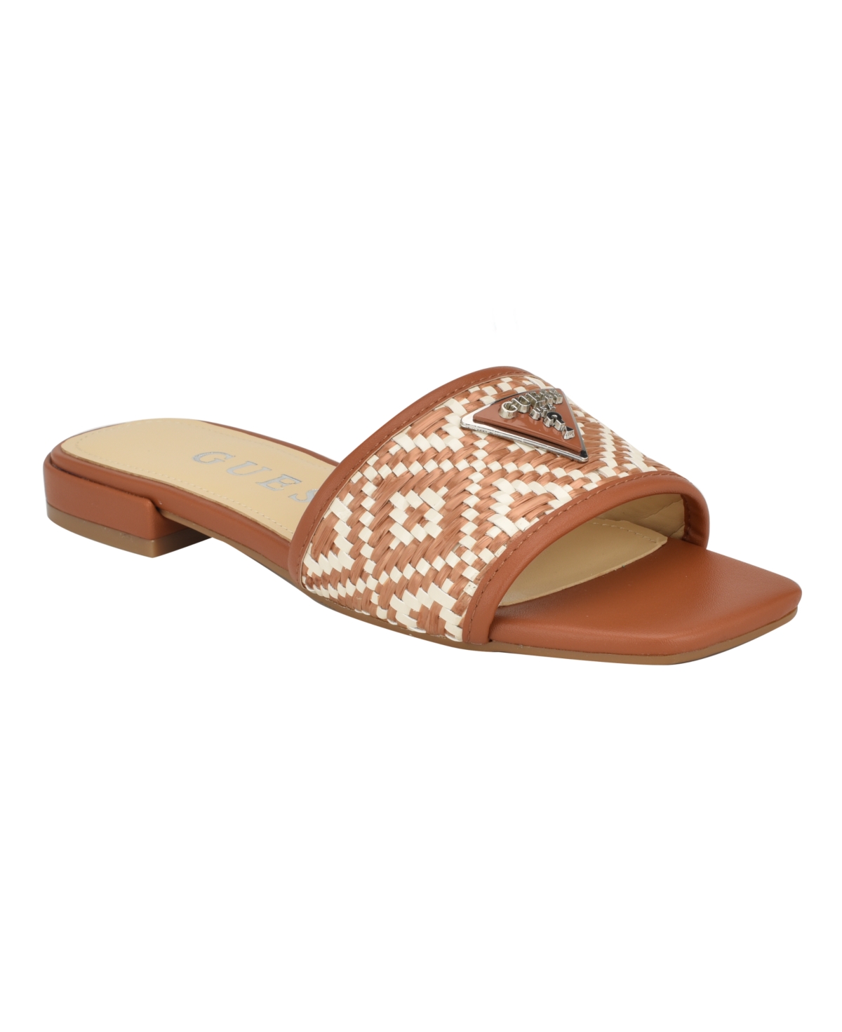 Guess Women's Tamsen One Band Square Toe Slide Flat Sandals In Medium Brown,white- Textile,manmade