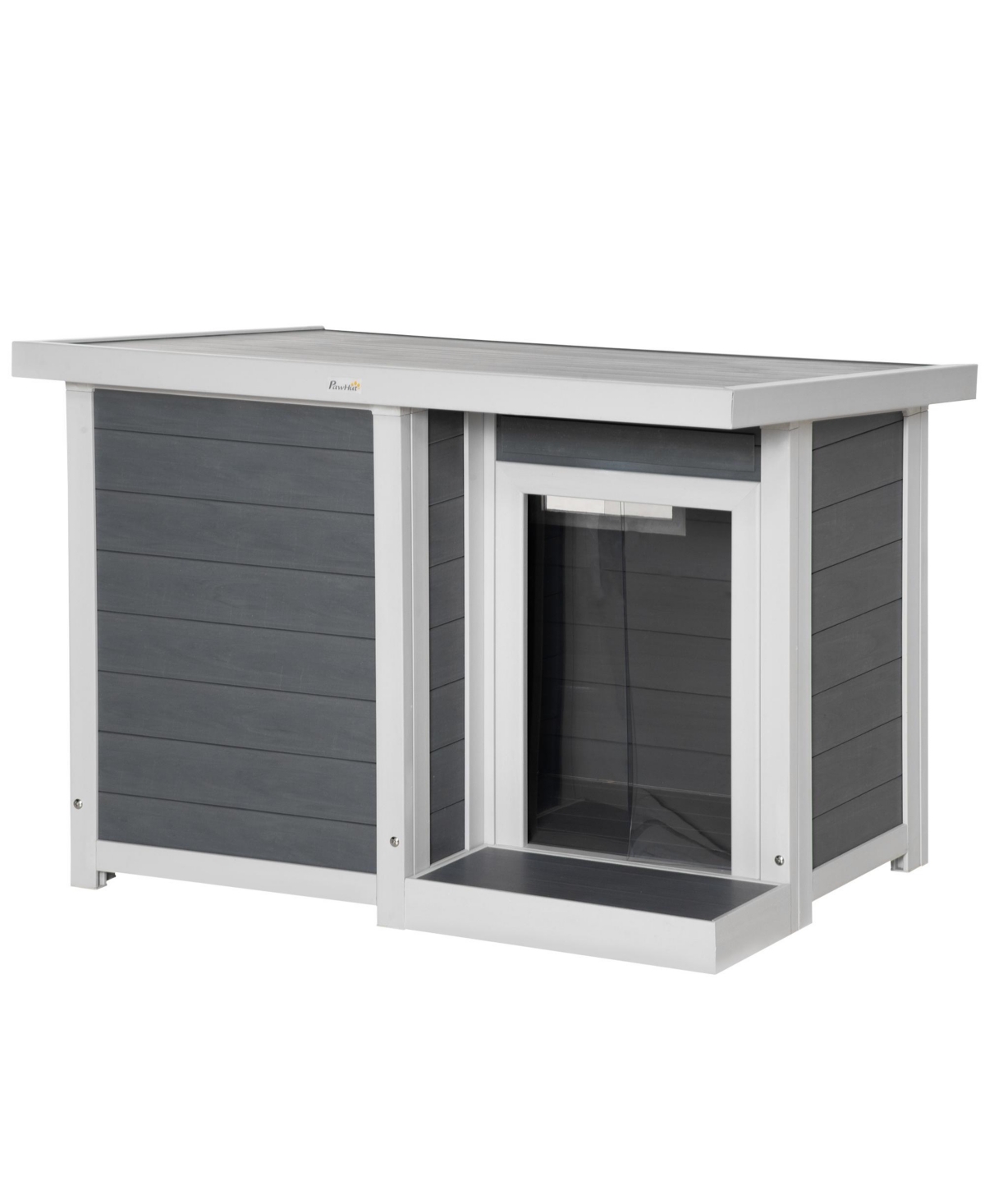 Dog House Outdoor with Openable Top, Raised Weather Resistant Dog Shelter with Front Door, Pvc Curtain, Porch for Medium Sized Dog, Gray - Grey