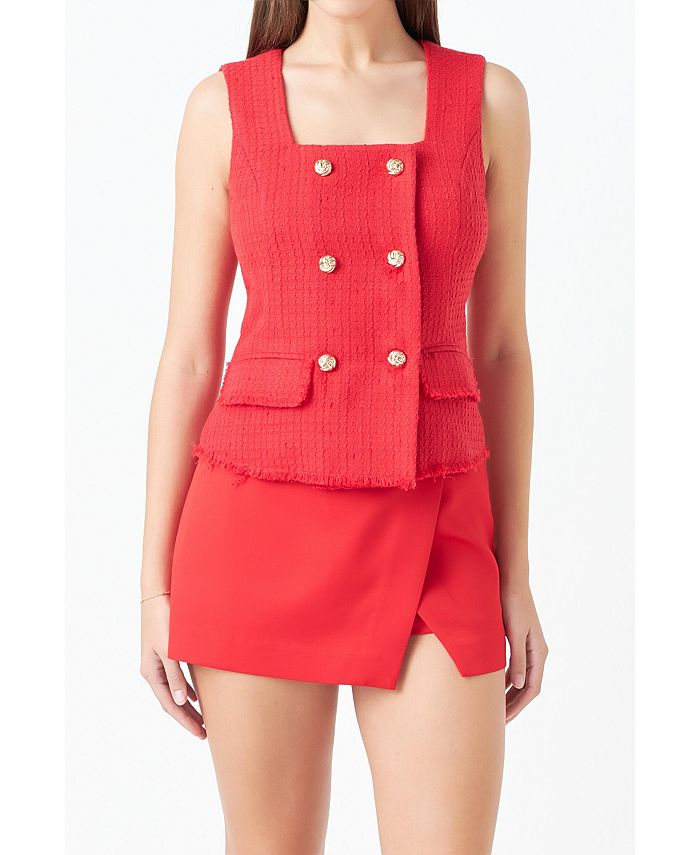 endless rose Women's Tweed Fringed Double Button Top Macy's