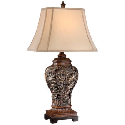 Leafwork Vase 32 1/2" Tall Large Traditional End Table Lamp Brown Wood Finish Tan Rectangular Shade Living Room