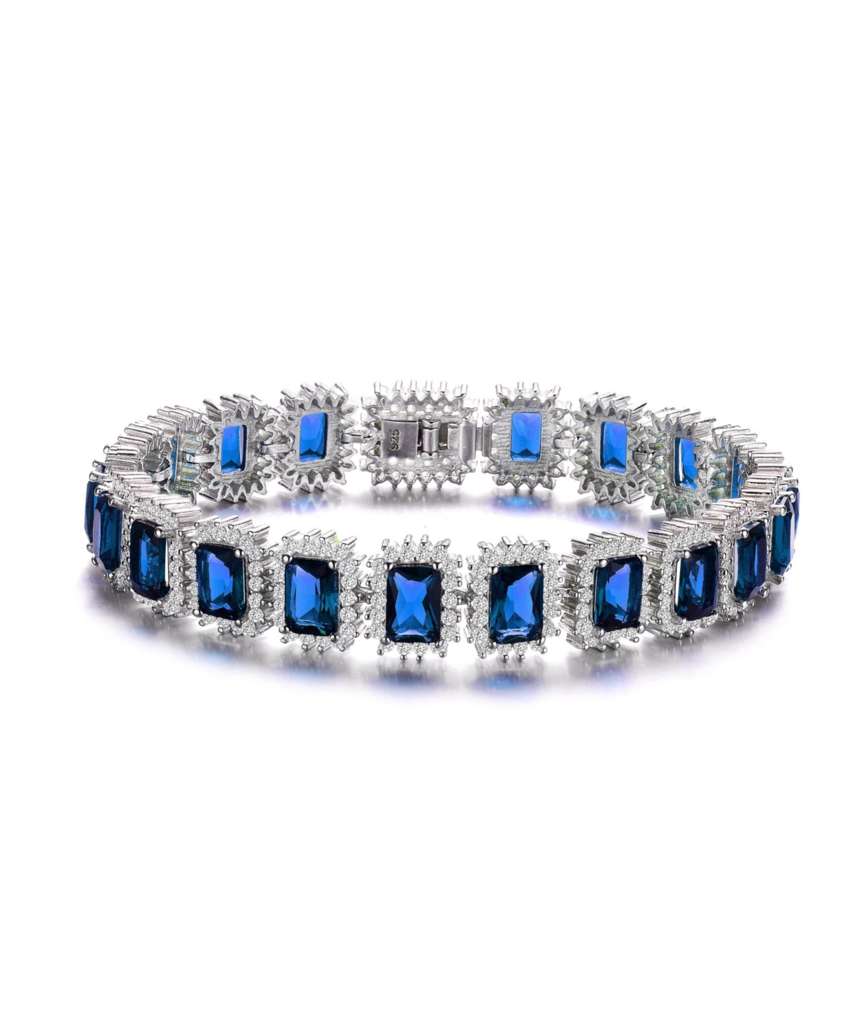 White Gold Plated with Blue Sapphire & Cubic Zirconia Rectangular Halo Cluster Link Vintage like Tennis Bracelet - Blue