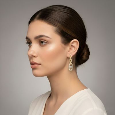 Classic 14k Yellow Gold Plated with Cubic Zirconia Triple Chain Mariner Anchor Link Drop Earrings