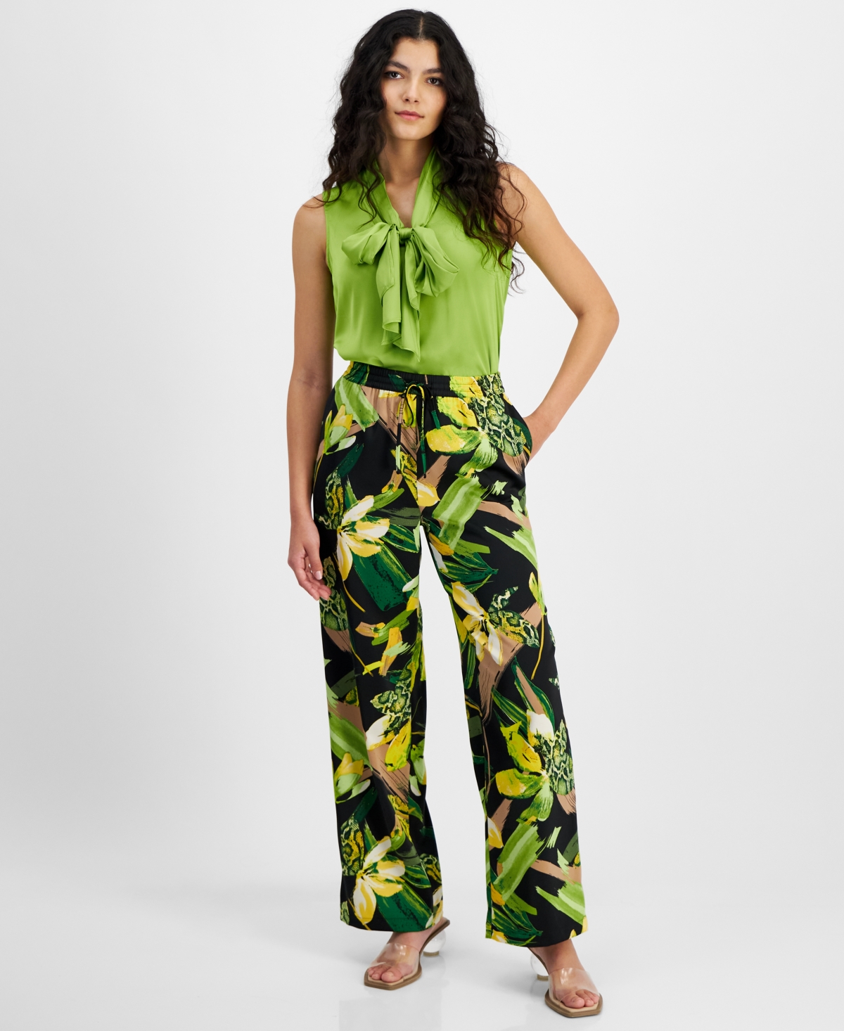 Bar Iii Women's Printed Drawstring-waist Pull-on Pants, Created For Macy's In Black,green