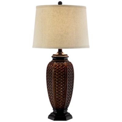 Tropical Table Lamp 29" Tall Woven Wicker Pattern Beige Linen Drum Shade for Living Room Family Bedroom Bedside Nightstand