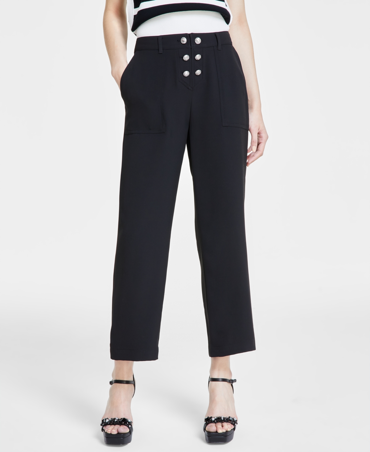 Shop Karl Lagerfeld Women's Button-front Ankle Pants In Black