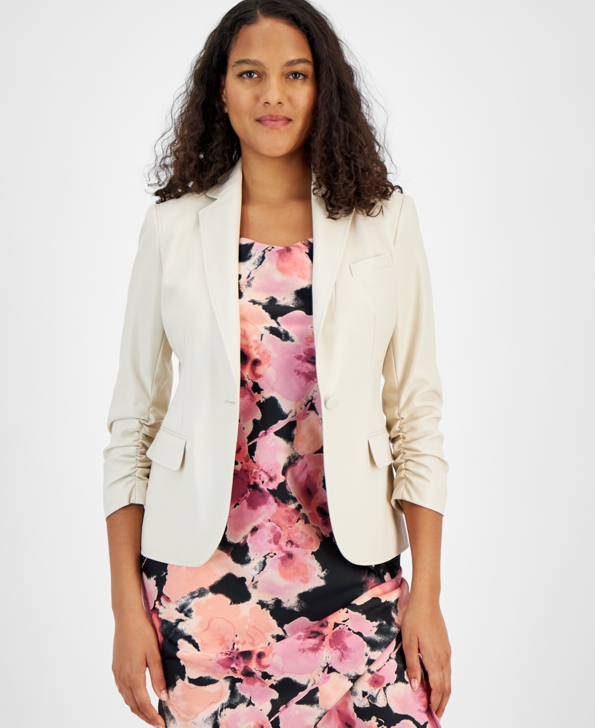 Women's 3/4-Sleeve One-Button Faux-Leather Blazer, Created for Macy's - Light Sand