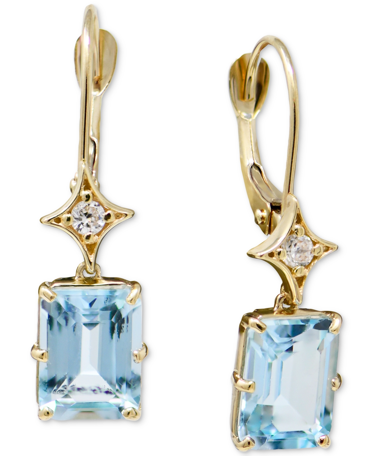 Blue Topaz (1-7/8 ct. t.w.) & White Topaz (1/6 ct. t.w.) Leverback Drop Earrings in 14k Gold - Blue Topaz