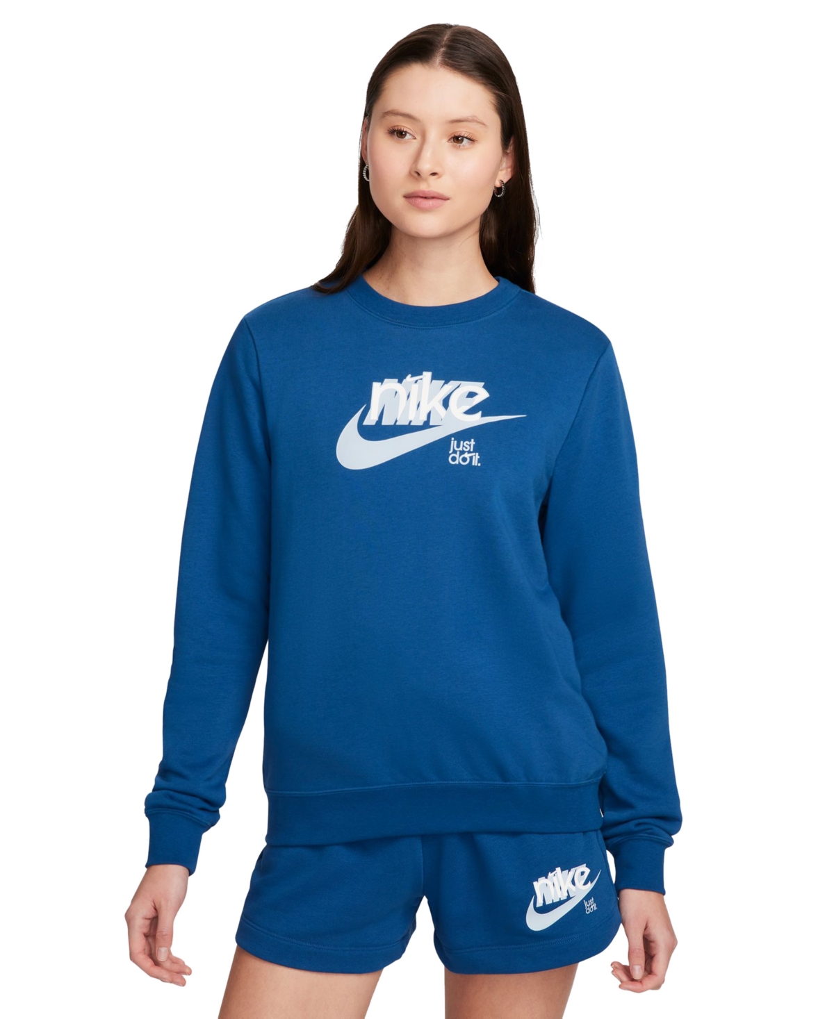 Shop Nike Women's Sportswear Club French Terry Graphic Crewneck Fleece Sweatshirt In Court Blue,lt Armory Blue,white