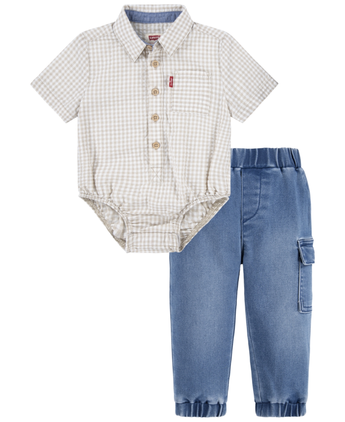 Levi's Baby Boys Gingham Shirt Bodysuit And Joggers Pant Set In Oxford Tan