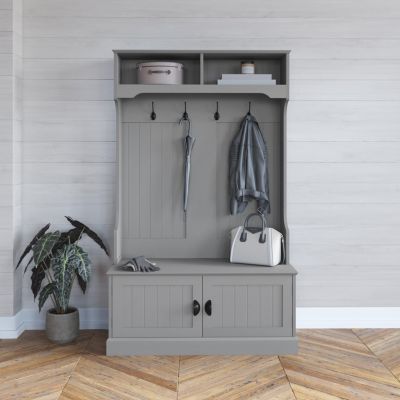 Hall Tree With Double Door Entryway Storage Bench, 4 Hook Coat Rack, Top Storage Cubbies