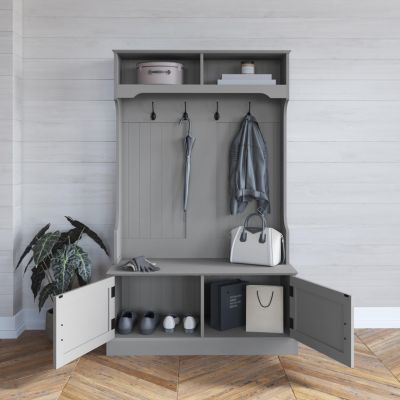 Hall Tree With Double Door Entryway Storage Bench, 4 Hook Coat Rack, Top Storage Cubbies