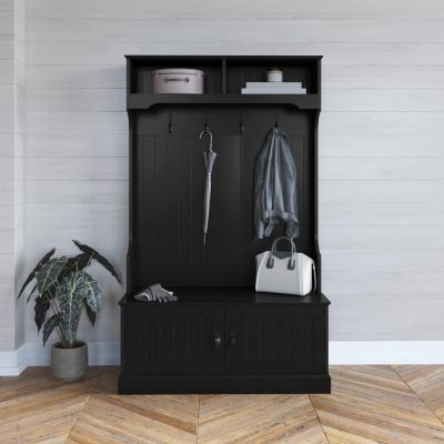 Hall Tree With Double Door Entryway Storage Bench, 4 Hook Coat Rack, Top Storage Cubbies