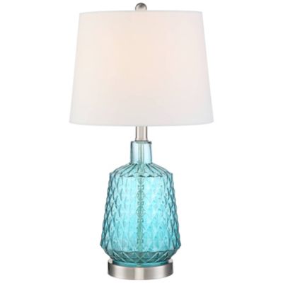 Ronald Modern Coastal Accent Table Lamp 22" High Blue Textured Glass Nickel Pole White Drum Shade for Bedroom Living Room Nightstand
