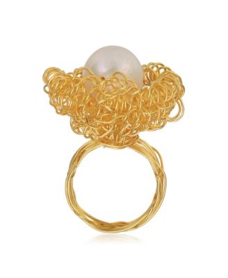 Unique Sterling Silver 14K Gold Plated 14MM Genuine Freshwater Pearl Ring