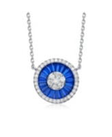 Teens Sterling Silver with White Gold Plated and Cubic Zirconia Round Pendant Necklace - Blue
