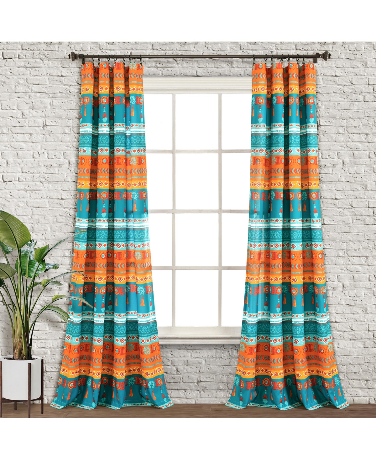 Boho Watercolor Border Window Curtain PanelsMulti 52X84 Set - Turquoise