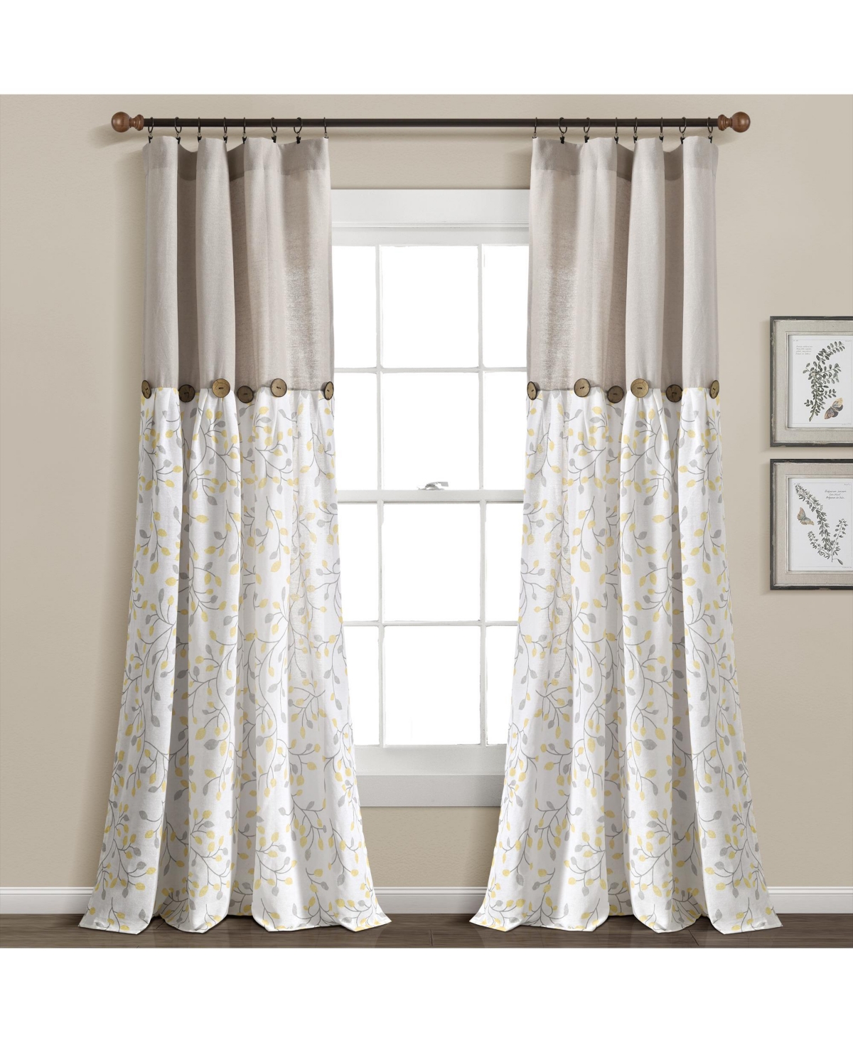 Linen Button Botanical Garden Window Curtain Panels