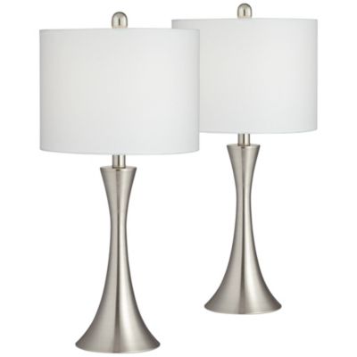 Gerson Modern Table Lamps 24" High Set of 2 Brushed Nickel with Dimmers LED White Drum Shade for Bedroom Living Room Bedside Nightstand