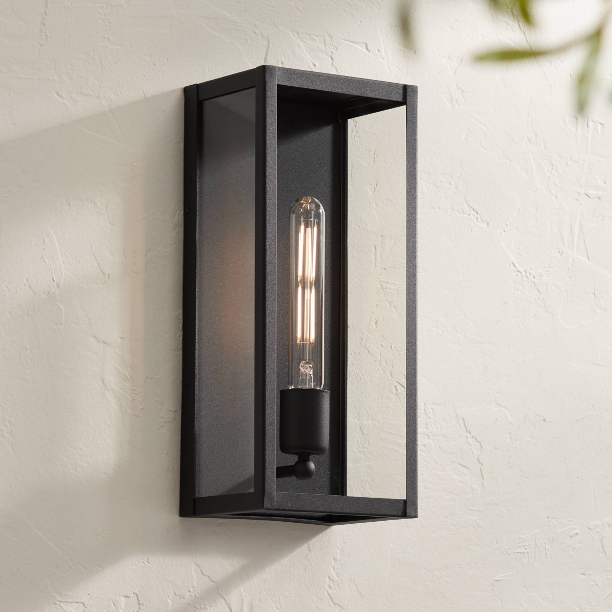 Cornell Modern Industrial Box-Shaped Outdoor Wall Light Fixture Sand Black Metal 14 1/4" Clear Glass for Exterior House Porch Patio Outside Deck Garag