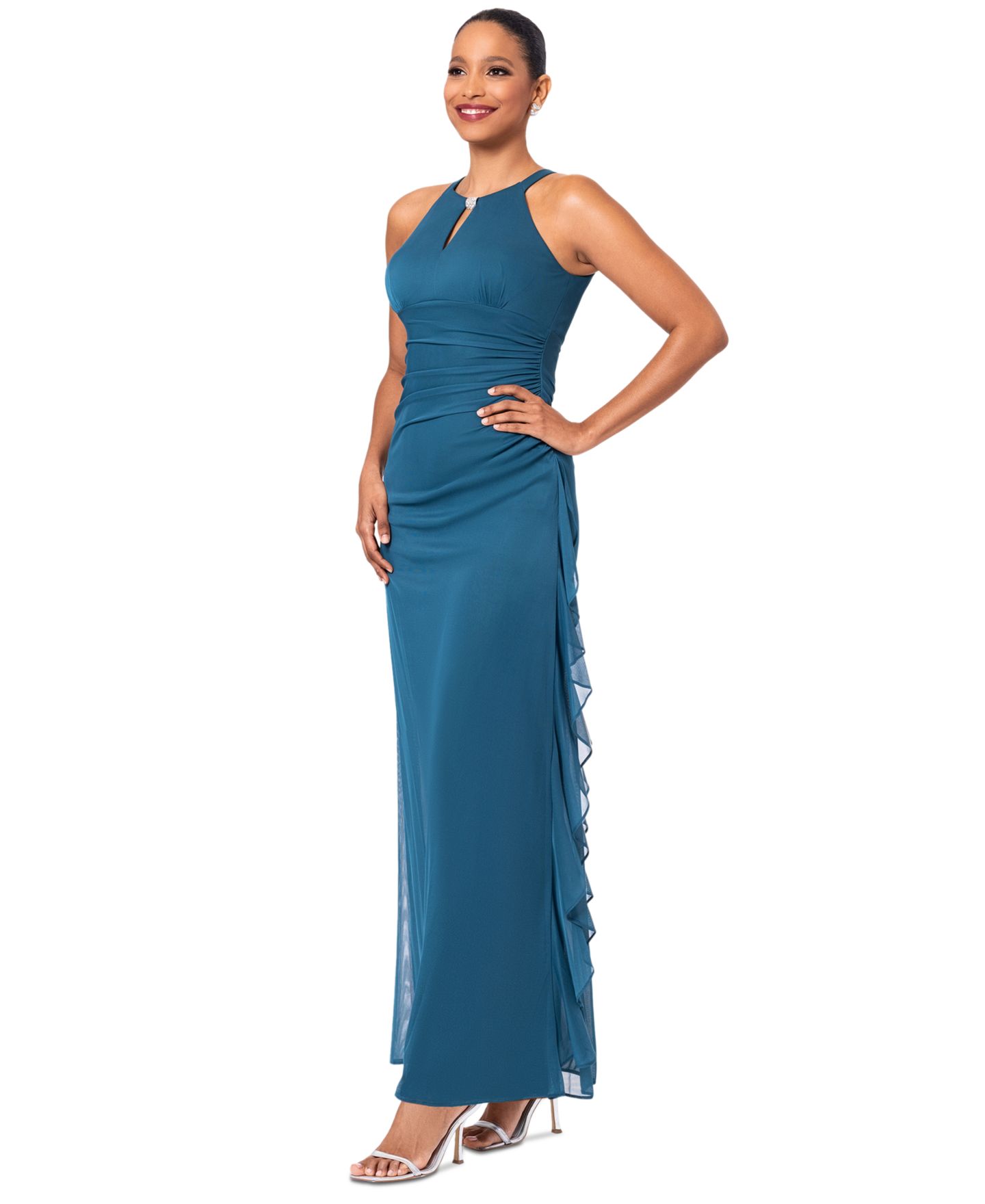 Женские платья Betsy & Adam B&A by Betsy and Adam Ruched Halter Gown, цвет: Изумрудный — фото 2