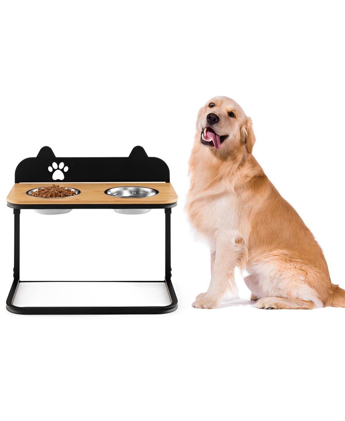 Dog Bowl Stand with 2 Stainless Steel Food Water Bowls - Brown