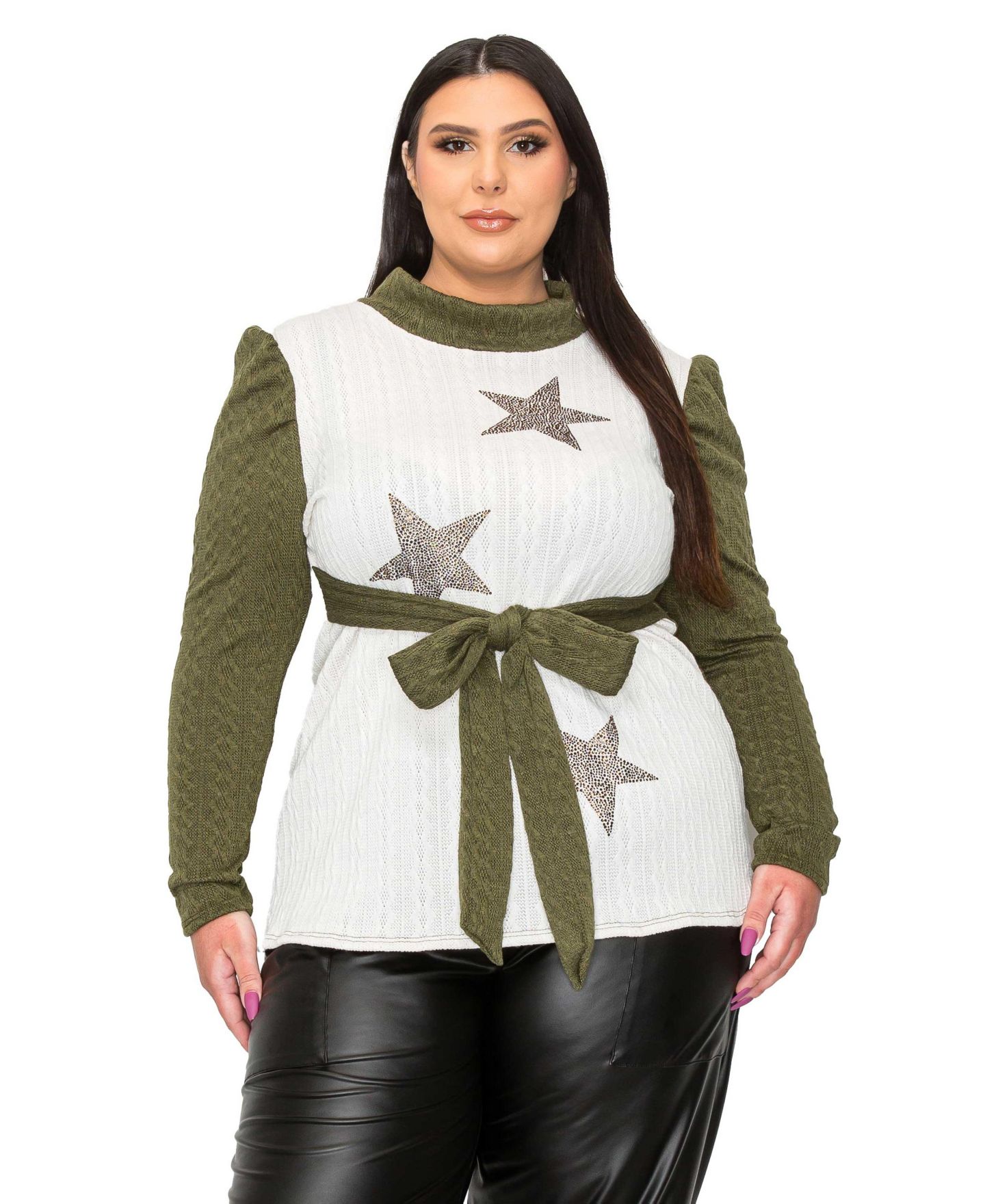 Женский свитер L I V D Plus Size Britt Star Embellished Waist Tie, цвет: Оливковый белый — фото 1