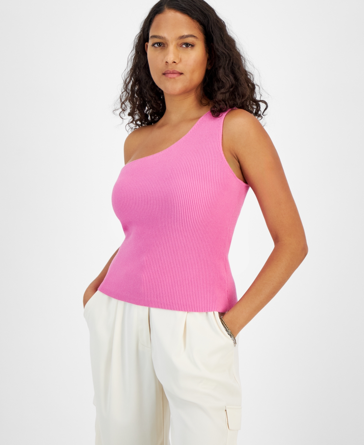 Shop Bar Iii Women's One-shoulder Sleeveless Ribbed Sweater, Created For Macy's In Wild Pink