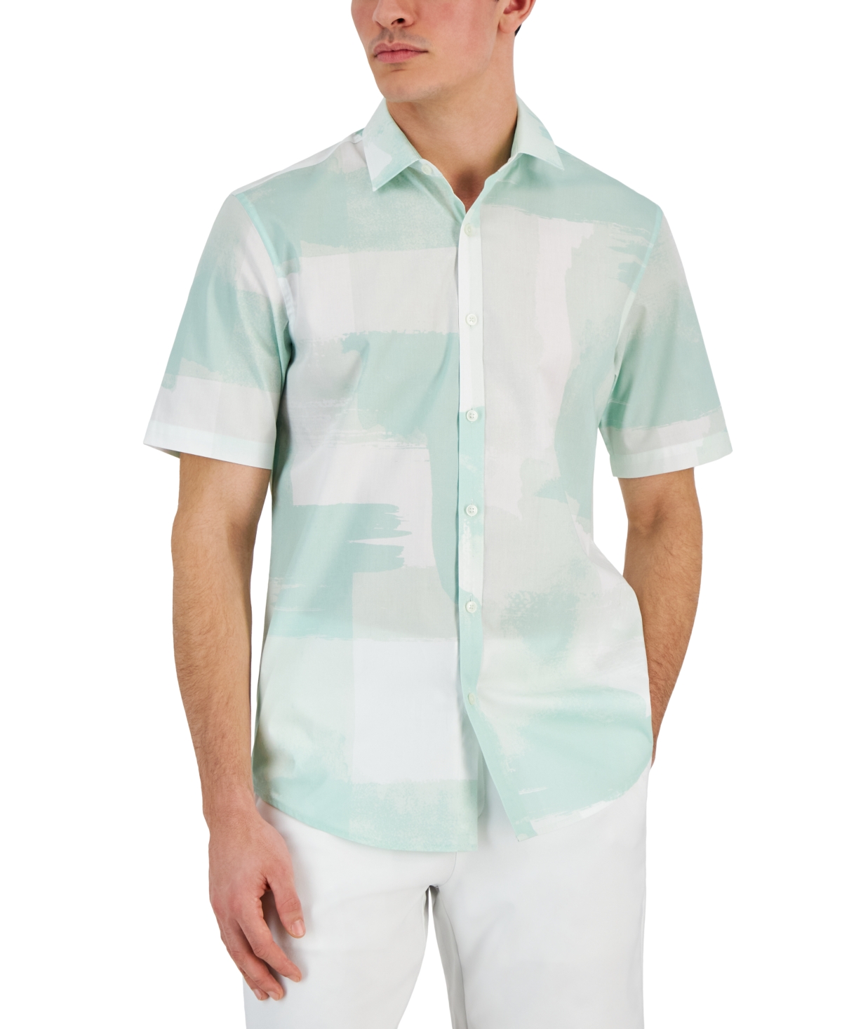 Alfani Men's Painted Blocks Regular-fit Stretch Printed Button-down Shirt, Created For Macy's In Beach Glass