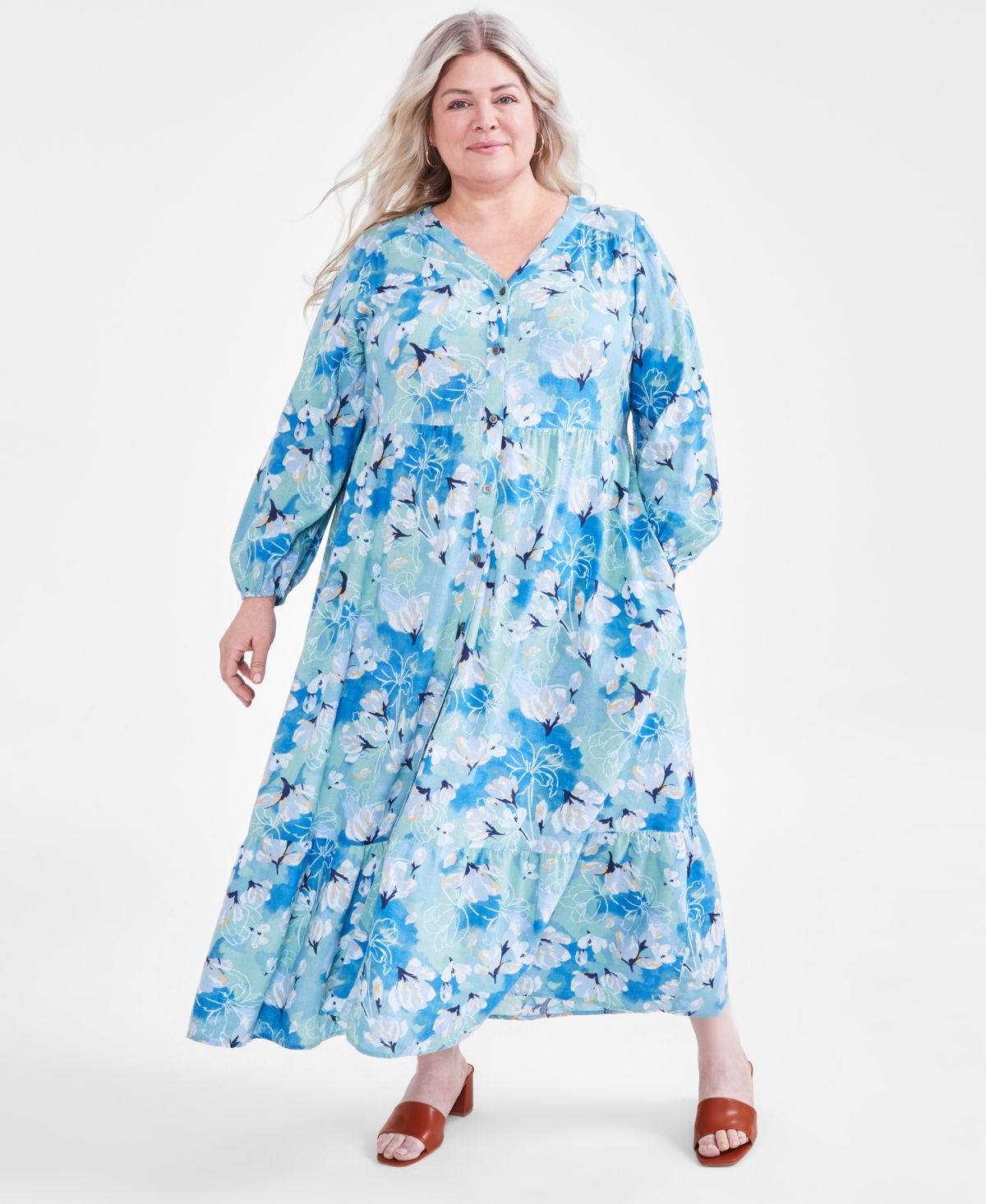 Shop Style & Co Plus Size Floral-print Tiered 3/4-sleeve Dress, Created For Macy's In Arles Floral Teal