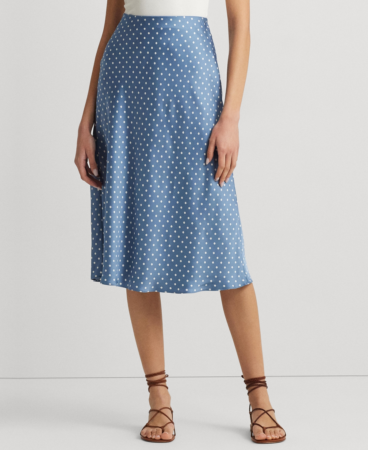 Shop Lauren Ralph Lauren Petite Printed Satin Midi Skirt In Blue,cream