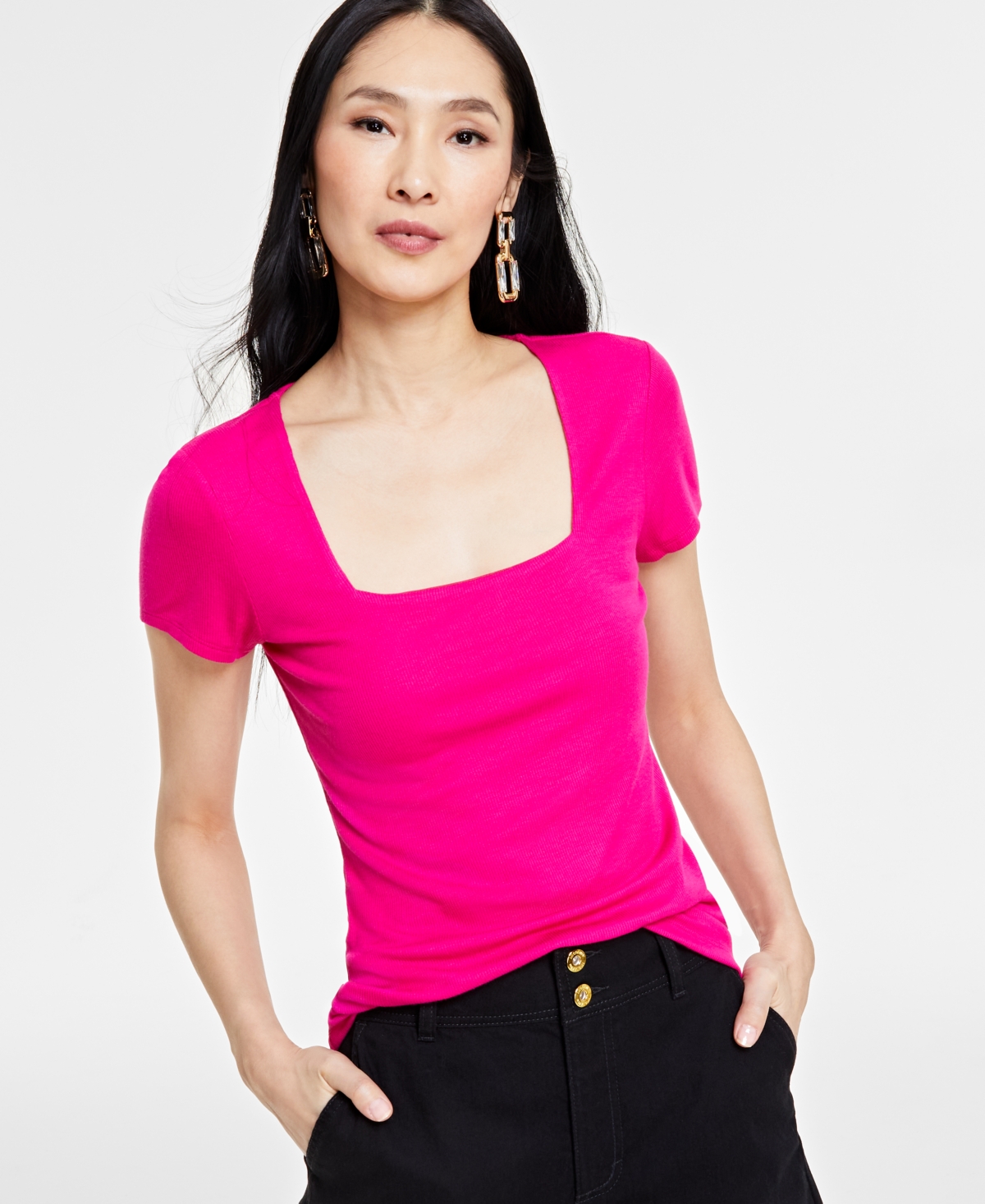 Inc International Concepts Women's Ribbed Square-neck T-shirt, Created For Macy's In Pink Dragonfruit