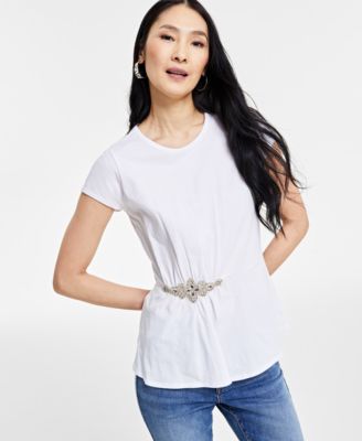 I.N.C. International Concepts - Women's Embellished-Waist Cotton T-Shirt