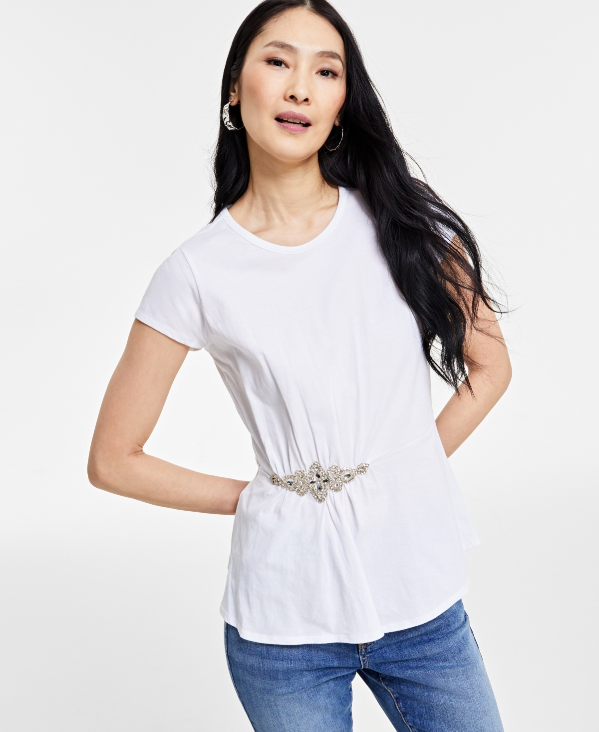 Inc International Concepts Women's Embellished-waist Cotton T-shirt, Created For Macy's In Bright White